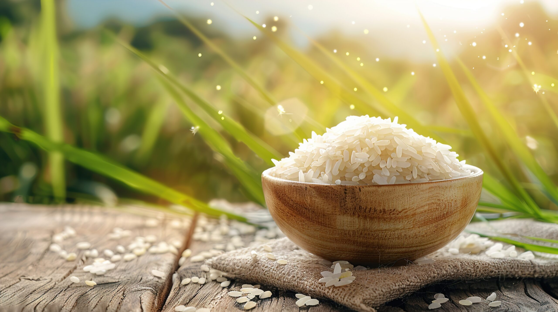 Serene Rice Bowl Wooden Table Lush Field With Soft Sunlight High Detail Natural Lighting W Scaled